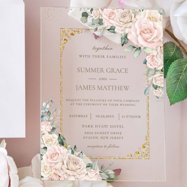 Elegant Champagne Ivory Blush Floral Wedding Acrylic Invitations (Creator Uploaded)