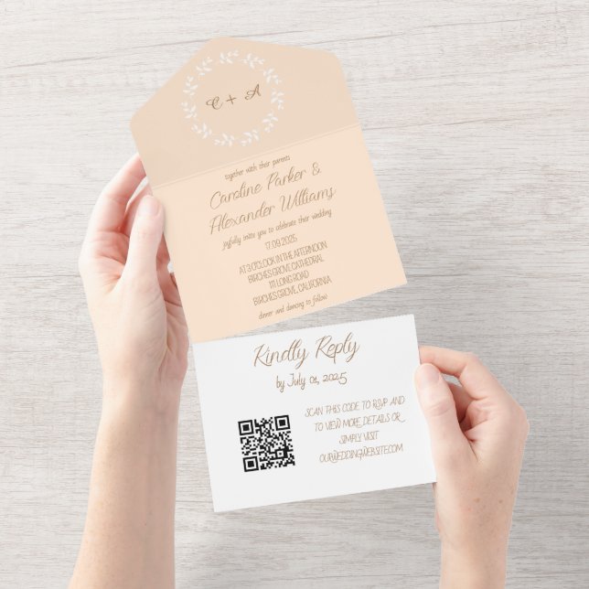 Elegant Champagne Ivory Script Modern RSVP QR Code All In One Invitation (Tearaway)