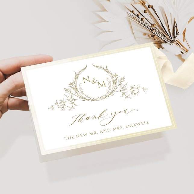 Elegant Champagne Monogram, Watercolor Wedding Thank You Card (Creator Uploaded)