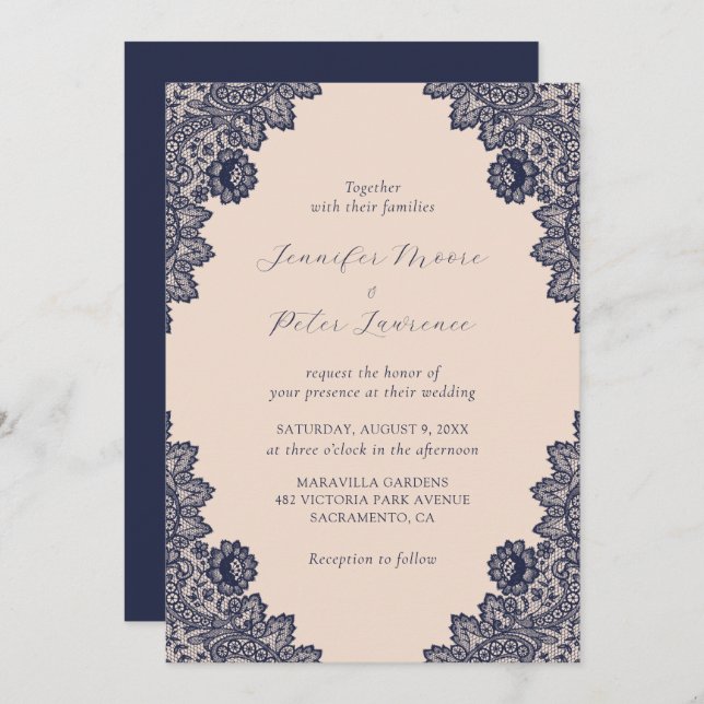 Elegant Champagne Navy Blue Lace Wedding Invitation (Front/Back)