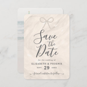 Elegant Champagne Pearl Bow Custom Photo Wedding Save The Date