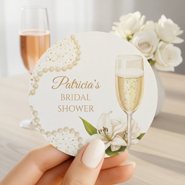 Elegant Champagne Pearls & Prosecco Bridal Shower Classic Round Sticker (Creator Uploaded)
