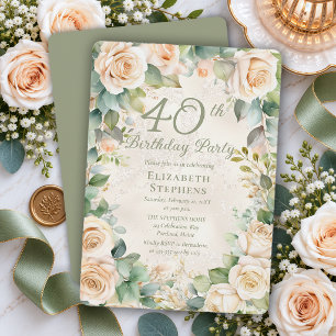 Elegant Champagne Rose Sage Floral 40th Birthday Invitation