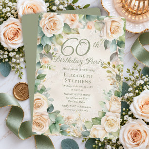 Elegant Champagne Rose Sage Floral 60th Birthday Invitation