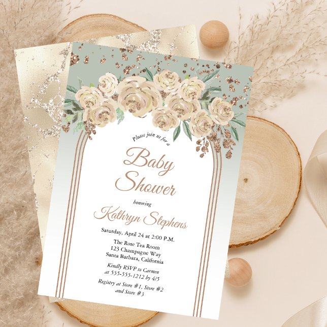 Elegant Champagne | Sage Floral Baby Shower Invitation (Elegant Champagne Roses and Sage Green Floral with Faux Rose Gold Glitter Baby Shower Invitation)