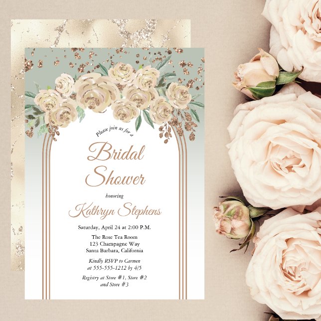 Elegant Champagne | Sage Floral Bridal Shower Invitation (Champagne Roses and Sage Green Floral Bridal Shower Invitation with Faux Rose Gold Glitter Accents)
