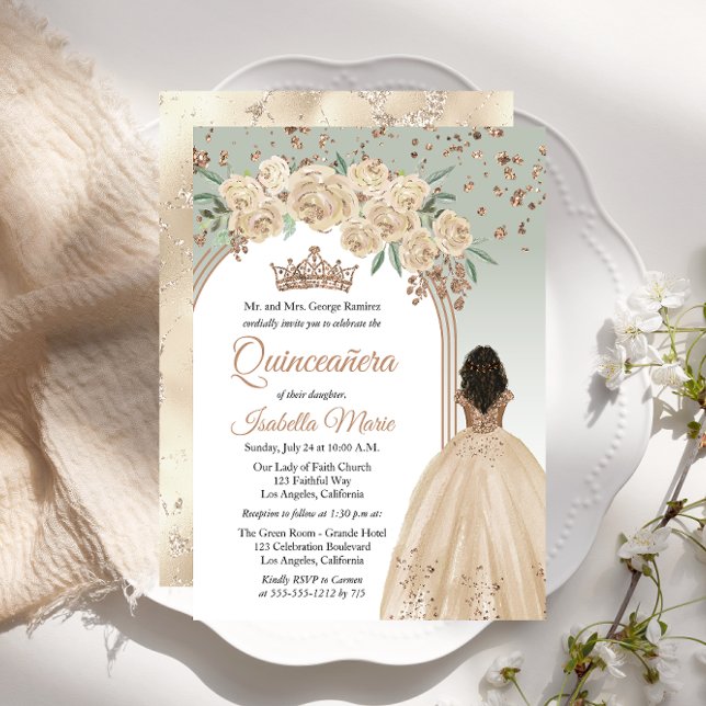 Elegant Champagne | Sage Floral Quinceañera Party Invitation (Elegant Champagne Color and Sage Green with Faux Rose Gold Glitter Brunette Quinceañera Invitation)