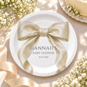 Elegant Champagne Satin Bow Baby Girl Shower Paper Plate