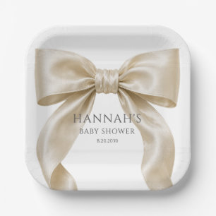 Elegant Champagne Satin Bow Baby Girl Shower Paper Plate