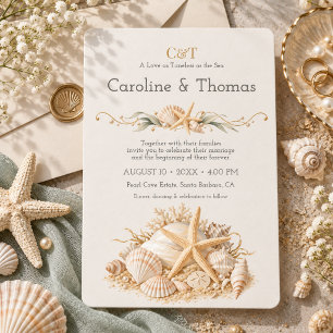 Elegant Champagne Seashell Coastal Wedding Invitation