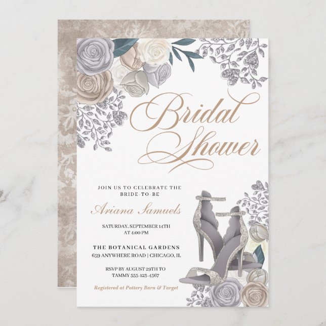 Elegant Champagne Silver Bridal Shower Shoes Invitation (Front/Back)