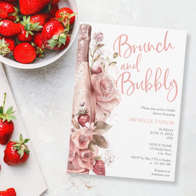 Elegant Champagne Strawberry Boho Blush Pink Invitation (champagne and strawberries, blush pink watercolor)