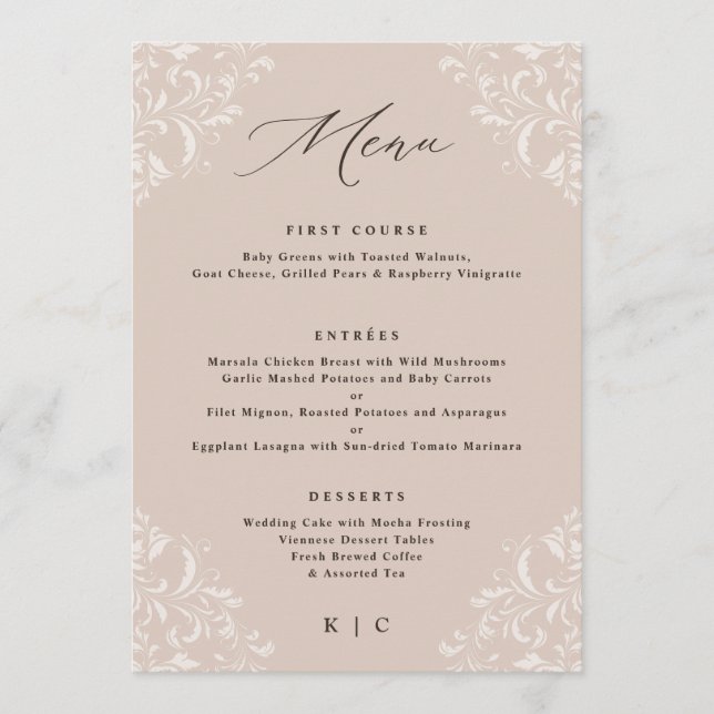 Elegant Champagne Tan Classic Wedding Menu (Front)