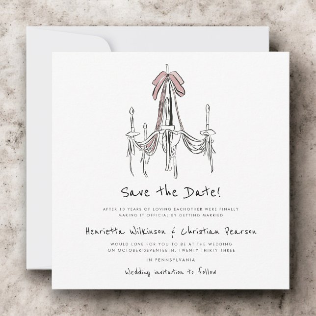 Elegant Chandelier Pink Bow Sketch Save the Date (Creator Uploaded)