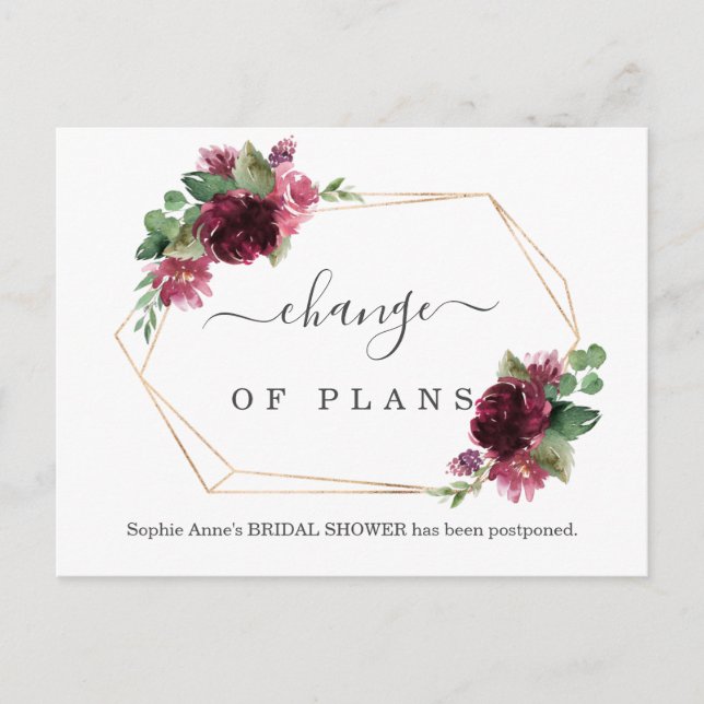Elegant Change of Plans Bridal Shower Postponed Postcard (Front)
