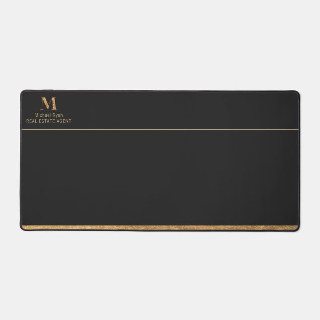 Elegant Charcoal Black & Gold Add Name & Monogram  Desk Mat (Front)