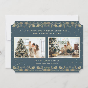 Elegant Charcoal Gold Holly Stars Photo Holiday Card