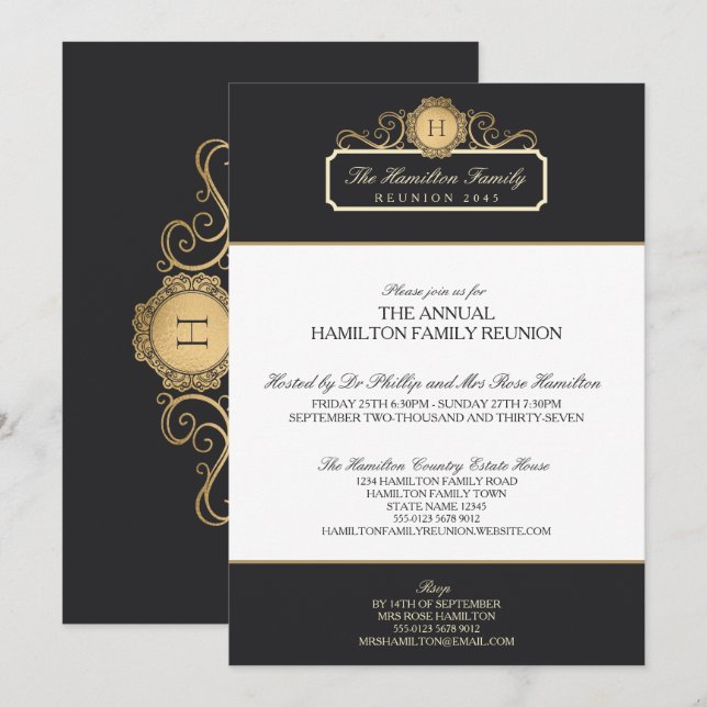Elegant Charcoal Gold Monogram Family Reunion Invitation (Front/Back)