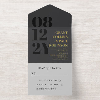 Elegant Charcoal & Gold Typography Wedding All In One Invitation