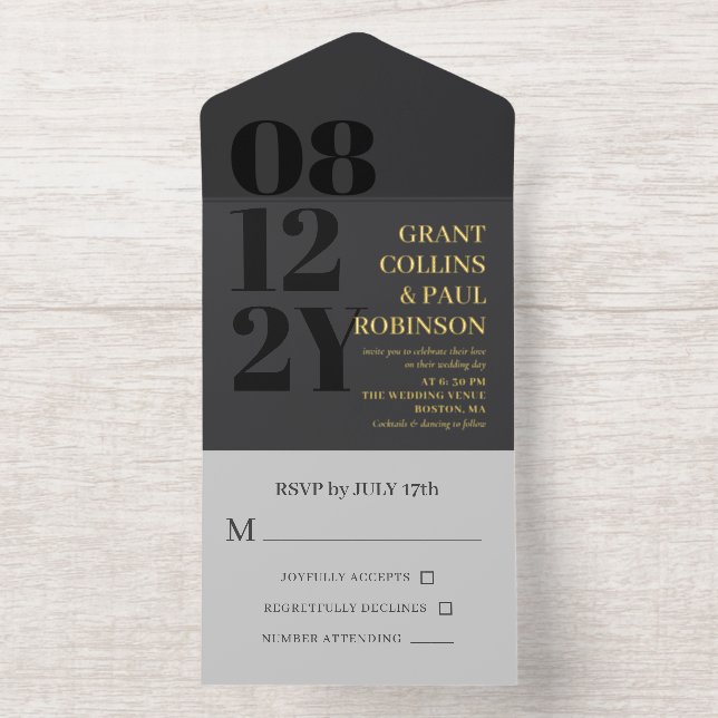 Elegant Charcoal & Gold Typography Wedding All In One Invitation (Inside)