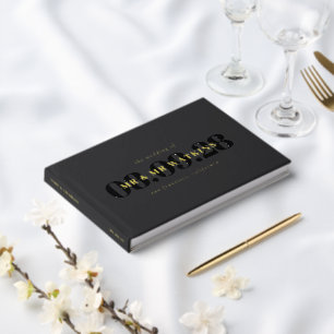 Elegant Charcoal Gold Typography Wedding Guest Book