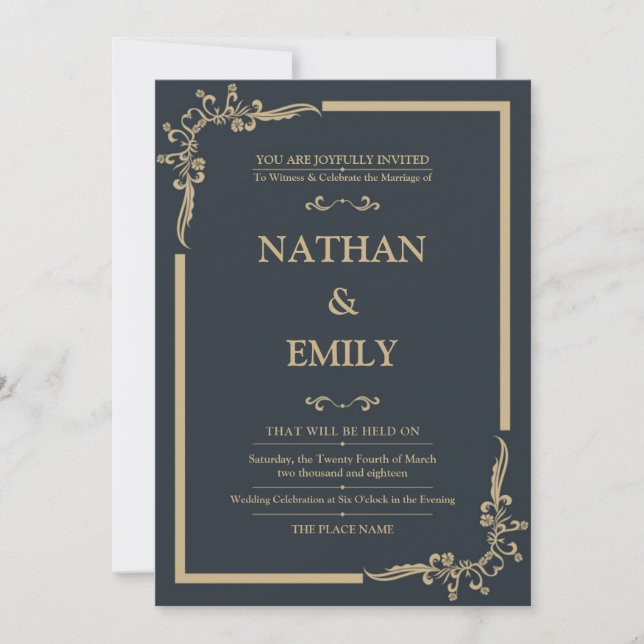 Elegant Charcoal & Gold Wedding Invitation (Front)