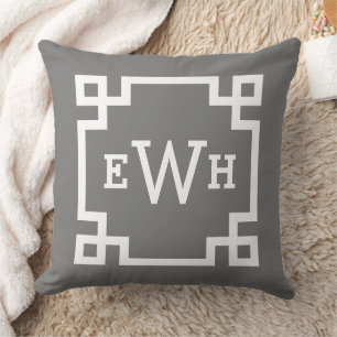 Elegant Charcoal Greek Key Monogram Initial Cushion