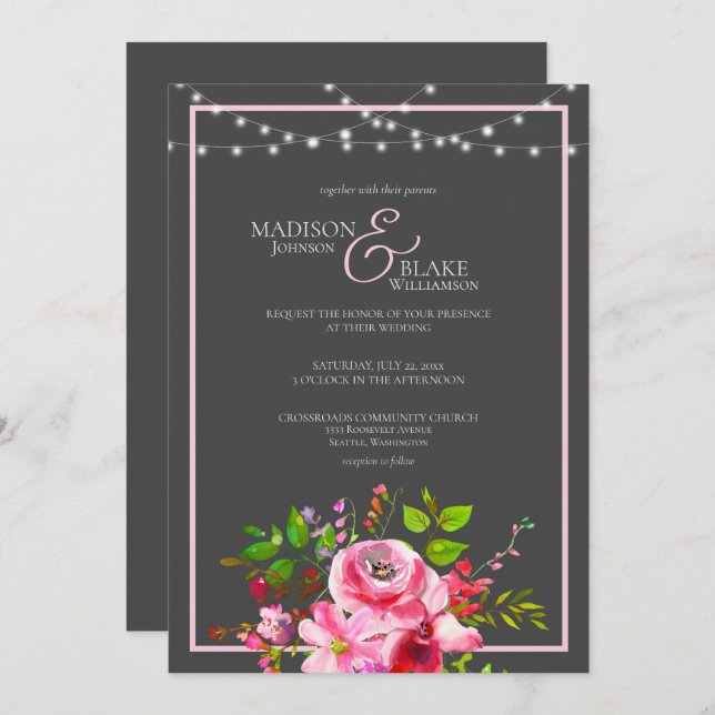 Elegant Charcoal Grey and Pink Wedding Invitation (Front/Back)