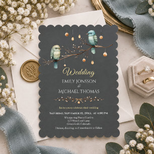 Elegant Charcoal Grey Blue Birds Woodland Wedding Invitation