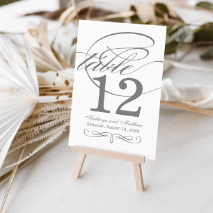 Elegant Charcoal Grey Calligraphy Wedding Monogram Table Number