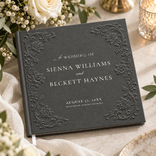 Elegant Charcoal Grey Embossed Floral Wedding Guest Book