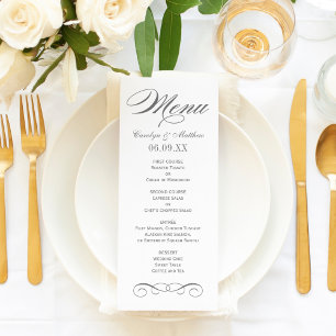 Elegant Charcoal Grey Scroll Wedding Monogram Menu