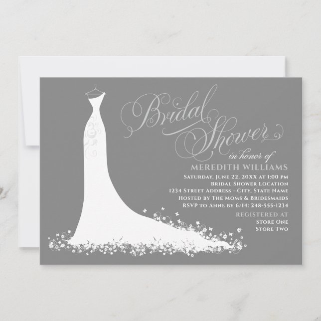 Elegant Charcoal Grey Wedding Gown Bridal Shower Invitation (Front)