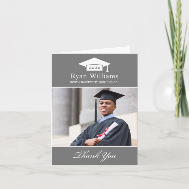 Elegant Charcoal Personalised Graduation Photo Thank You Card (Front)