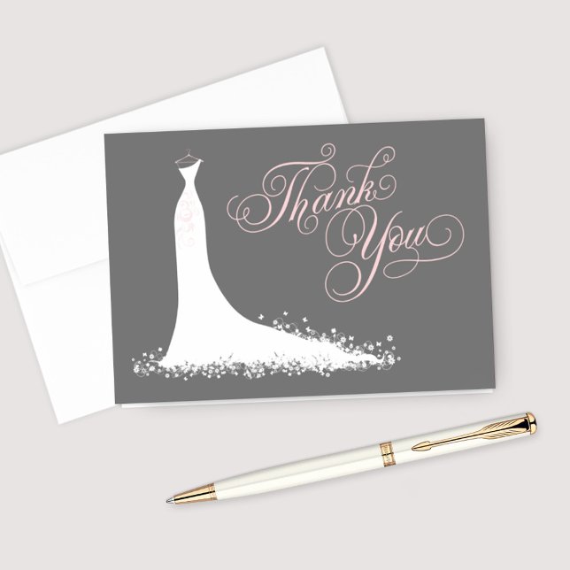 Elegant Charcoal Pink Wedding Gown Bridal Shower Thank You Card (Creator Uploaded)