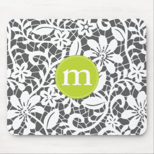 Elegant Charcoal Retro Lace Personalised Monogram Mouse Pad