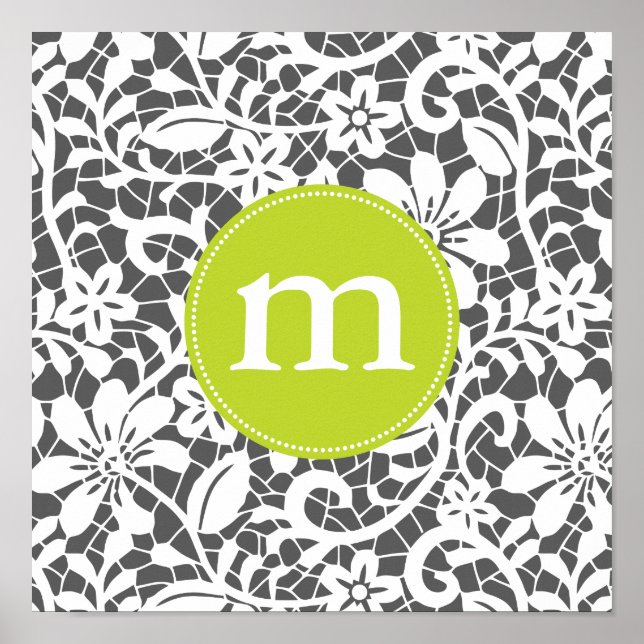 Elegant Charcoal Retro Lace Personalised Monogram Poster (Front)
