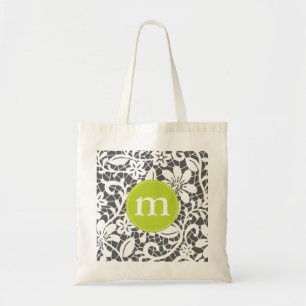 Elegant Charcoal Retro Lace Personalised Monogram Tote Bag