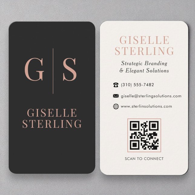 Elegant Charcoal Rose Gold Monogram QR Code Business Card (Creator Uploaded)
