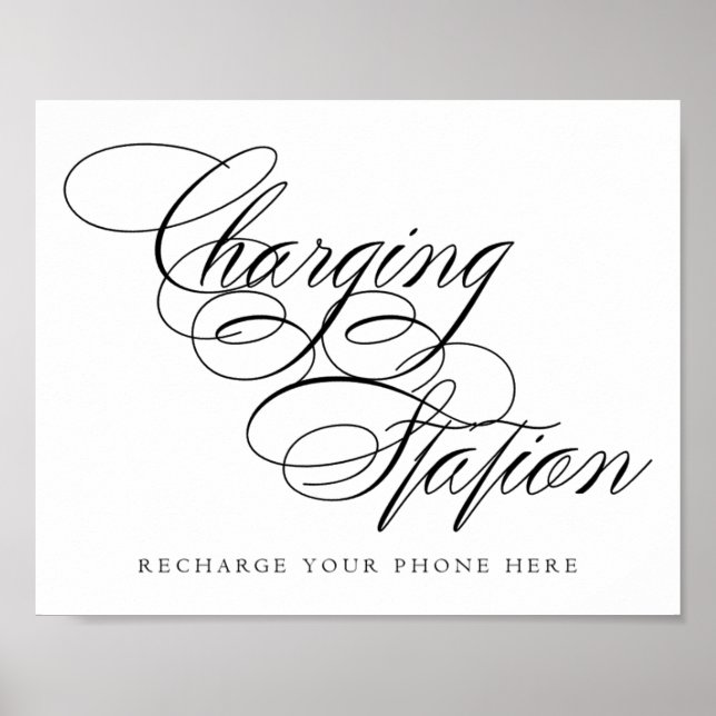 Elegant Charging Station Black Script | Table Sign (Front)