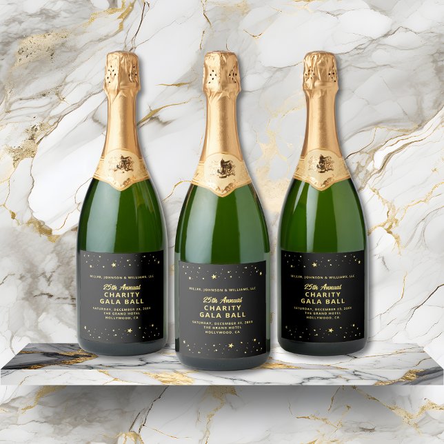 Elegant Charity Gala Event Black Gold Stars Sparkling Wine Label (Elegant Charity Gala Event Black Gold Stars Sparkling Wine Label with Company and Event Details.)