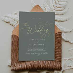Elegant Charm Dark Sage Gold Foil Wedding Invites