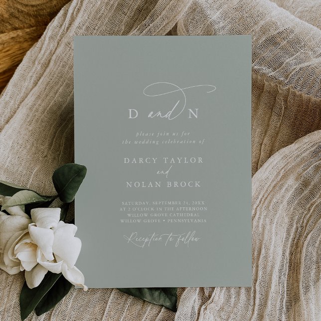 Elegant Charm Monogram Sage Green Wedding Invitation (Creator Uploaded)