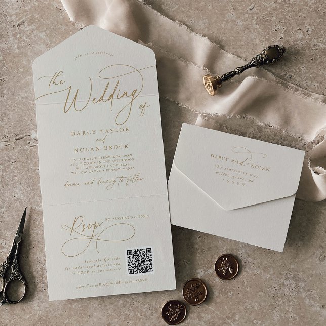 Elegant Charm QR Code Ivory and Gold Wedding All In One Invitation (Elegant Charm QR Code Ivory and Gold Wedding All In One Invitation)