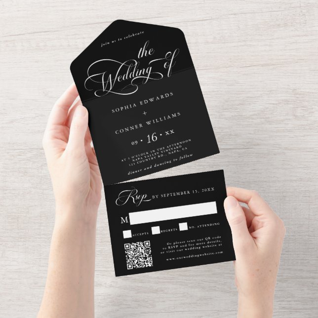 Elegant Charm Script Wedding Black All In One Invitation (Tearaway)