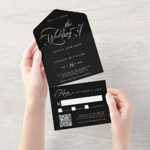 Elegant Charm Script Wedding Black All In One Invitation
