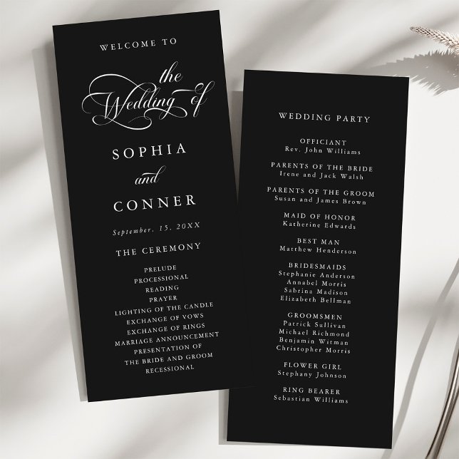 Elegant Charm Script Wedding Ceremony Black Programme (Front & Back)