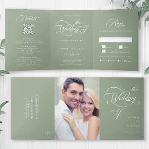 Elegant Charm Script Wedding Sage Green Tri-Fold Invitation