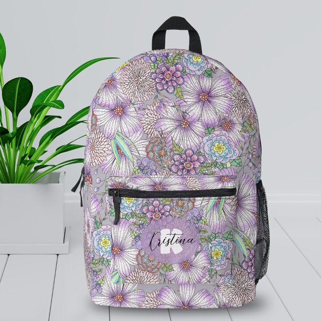 Elegant Charming Purple Flowers Name and Initial Printed Backpack (Creator Uploaded)