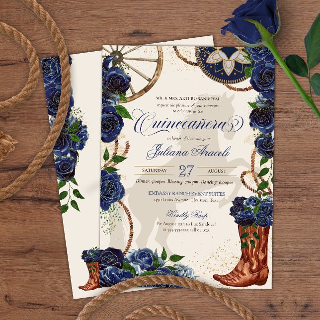 Elegant Charro Blue Rose Western Boots Quinceanera Invitation (Creator Uploaded)